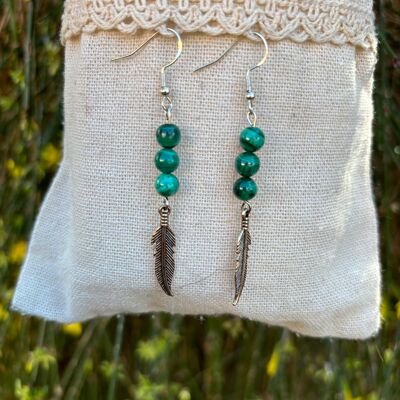 3 ball earrings in natural clear Malachite and feather charm, Made in France