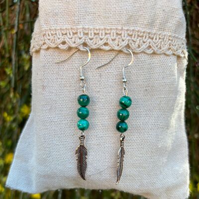 3 ball earrings in natural clear Malachite and feather charm, Made in France