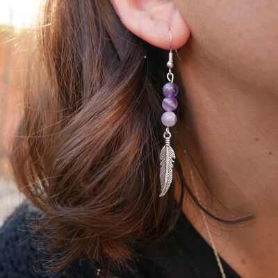 Dangling earrings with 3 balls in natural chevron Amethyst and feather charm, Made in France
