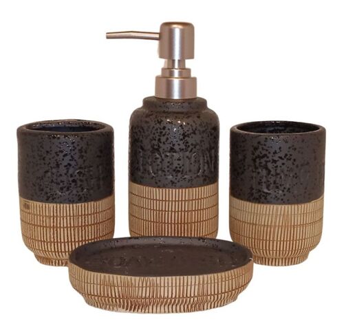 Ceramic bathroom set consisting of a soap dish, a glass, a glass for toothbrushes and a dispenser with a decorative cord in black. Dimension: Soap dish: 13x9x3cm Glass: 7x11cm Glass-holder: 7x11cm Dispenser: 7x19cm LM-081A
