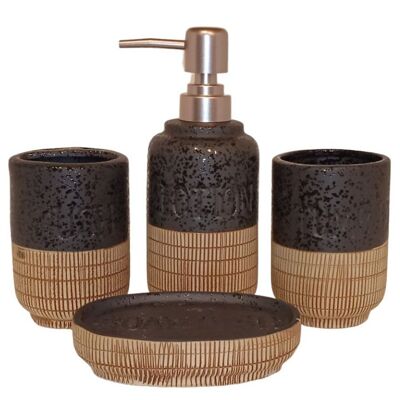 Set da bagno in ceramica composto da un portasapone, un bicchiere, un bicchiere per spazzolini da denti e un dispenser con cordoncino decorativo di colore nero. Dimensioni: Portasapone: 13x9x3cm Bicchiere: 7x11cm Portabicchiere: 7x11cm Dispenser: 7x19cm LM-081A