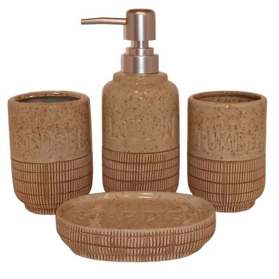 Set da bagno in ceramica composto da un portasapone, un bicchiere, un bicchiere per spazzolini da denti e un dispenser con cordino decorativo di colore beige. Dimensioni: Portasapone: 13x9x3cm Bicchiere: 7x11cm Portabicchiere: 7x11cm Dispenser: 7x19cm LM-081C