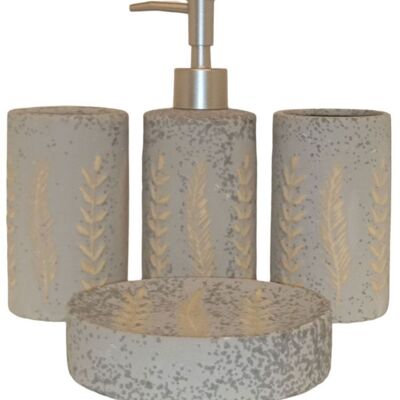"¡Conjunto de baño de cerámica LEAF" compuesto por jabonera, vaso, vaso cepillo de dientes y dosificador en color gris. Dimensión: Jabonera: 12x9x3cm Vaso: 6x11cm Portavasos: 6x11cm Dispensador: 7x18cm LM-082B