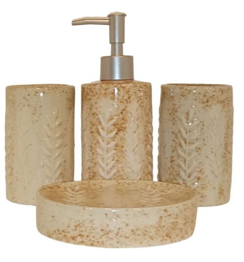 "LEAF" ceramic bathroom set consisting of soap dish, glass, toothbrush glass and dispenser in beige color. Dimension: Soap dish: 12x9x3cm Glass: 6x11cm Glass-holder: 6x11cm Dispenser: 7x18cm LM-082C