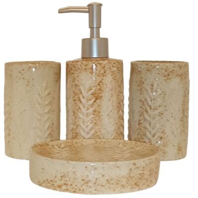 "LEAF" ceramic bathroom set consisting of soap dish, glass, toothbrush glass and dispenser in beige color. Dimension: Soap dish: 12x9x3cm Glass: 6x11cm Glass-holder: 6x11cm Dispenser: 7x18cm LM-082C