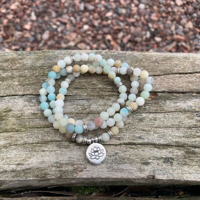 Mala bracelet with 108 Amazonite beads and Lotus flower symbol medallion