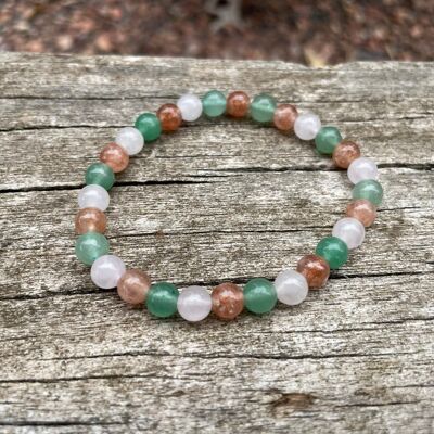 Lithotherapy Bracelet in Green Aventurine, Rose Quartz and Sun Stone, Made in France