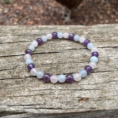 Elastic Lithotherapy Bracelet Triple protection Aquamarine, Rose Quartz and Amethyst, Made in France
