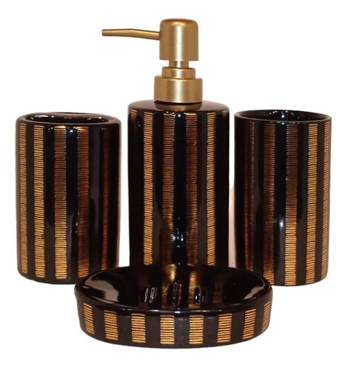 Ceramic bathroom set consisting of a soap dish, a glass, a glass for toothbrushes and a dispenser with golden stripes in black. Dimension: Soap dish: 11x8x2cm Glass: 7x11cm Glass-holder: 7x11cm Dispenser: 7x18cm LM-085A