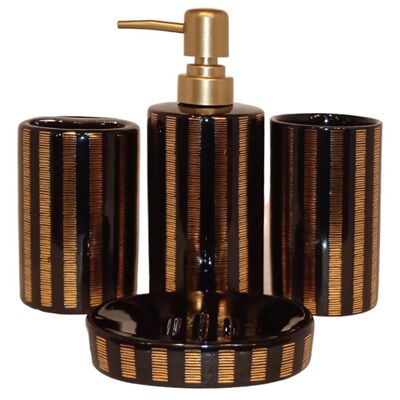 Ceramic bathroom set consisting of a soap dish, a glass, a glass for toothbrushes and a dispenser with golden stripes in black. Dimension: Soap dish: 11x8x2cm Glass: 7x11cm Glass-holder: 7x11cm Dispenser: 7x18cm LM-085A