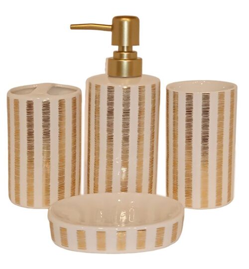 Ceramic bathroom set consisting of a soap dish, a glass, a glass for toothbrushes and a dispenser with golden stripes in white. Dimension: Soap dish: 11x8x2cm Glass: 7x11cm Glass-holder: 7x11cm Dispenser: 7x18cm LM-085B