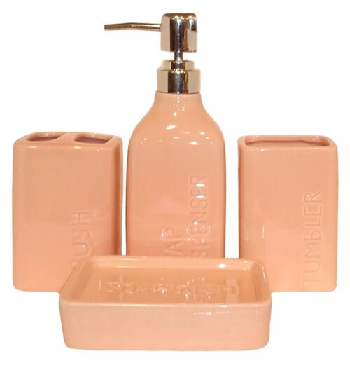 Ceramic bathroom set consisting of a soap dish, a glass, a glass for toothbrushes and a dispenser in pastel pink. Dimension: Soap dish: 13x8x3cm Glass: 6x7x10cm Glass-holder: 6x7x10cm Dispenser: 6x7x20cm LM-086A