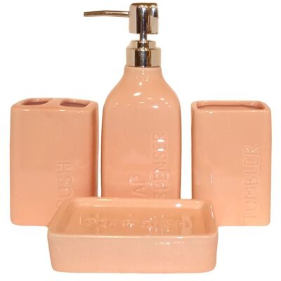 Conjunto de baño de cerámica compuesto por jabonera, vaso, vaso para cepillos de dientes y dosificador en color rosa pastel. Dimensión: Jabonera: 13x8x3cm Vaso: 6x7x10cm Portavasos: 6x7x10cm Dispensador: 6x7x20cm LM-086A