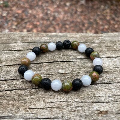 Bracciale Elastico Litoterapia “Tripla Protezione” Unakite, Pietra Lavica e Acquamarina