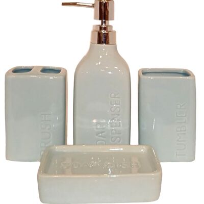 Ceramic bathroom set consisting of soap dish, glass, glass for toothbrushes and dispenser in pastel blue color. Dimension: Soap dish: 13x8x3cm Glass: 6x7x10cm Glass-holder: 6x7x10cm Dispenser: 6x7x20cm LM-086B