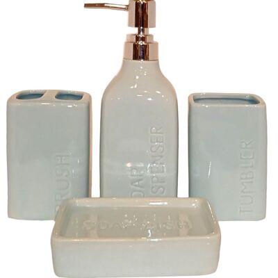 Set da bagno in ceramica composto da portasapone, bicchiere, bicchiere per spazzolini e dispenser in colore azzurro pastello. Dimensioni: Portasapone: 13x8x3cm Bicchiere: 6x7x10cm Portabicchiere: 6x7x10cm Dispenser: 6x7x20cm LM-086B