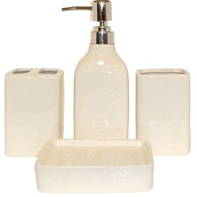 Set da bagno in ceramica composto da un portasapone, un bicchiere, un bicchiere per spazzolini e un dispenser di colore bianco pastello. Dimensioni: Portasapone: 13x8x3cm Bicchiere: 6x7x10cm Portabicchiere: 6x7x10cm Dispenser: 6x7x20cm LM-086C