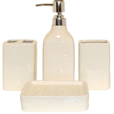 Ceramic bathroom set consisting of a soap dish, a glass, a glass for toothbrushes and a dispenser in a white pastel color. Dimension: Soap dish: 13x8x3cm Glass: 6x7x10cm Glass-holder: 6x7x10cm Dispenser: 6x7x20cm LM-086C