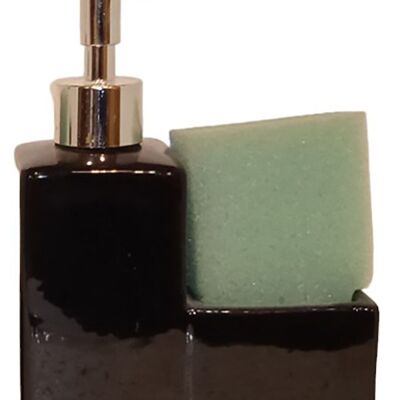 Soporte cerámico para el esponja de cocina con dosificador para vajilla húmeda en color negro. La esponja está incluida en el paquete. Dimensión: 13x6x7cm PT-761A