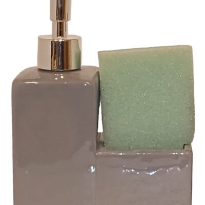Soporte de cerámica para esponja de cocina con dosificador para vajilla húmeda en color gris. La esponja está incluida en el paquete. Dimensión: 13x6x7cm PT-761B
