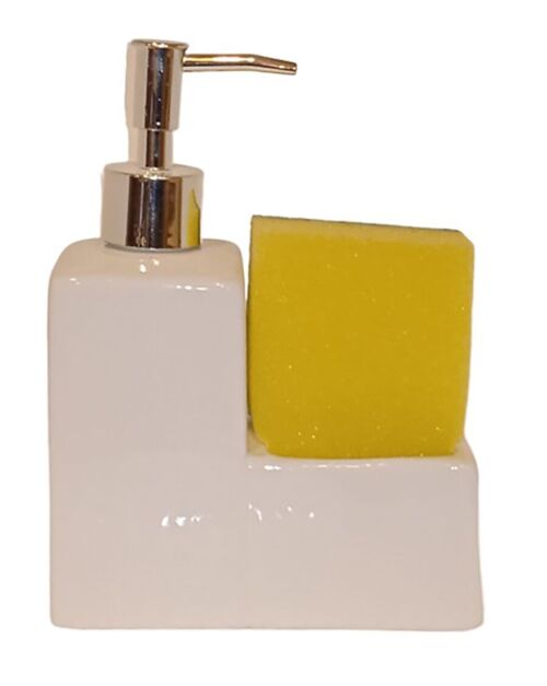 Ceramic holder for the kitchen sponge with dispenser for wet dishes in white. The sponge is included in the package. Dimension: 13x6x7cm PT-761C