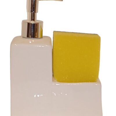 Soporte de cerámica para el esponja de cocina con dosificador para vajilla húmeda en color blanco. La esponja está incluida en el paquete. Dimensión: 13x6x7cm PT-761C