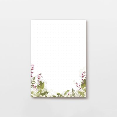 Bloc-notes 50 feuilles DIN A6 grille à points, illustration fleurs de sauge blanches et violettes, certifié PEFC