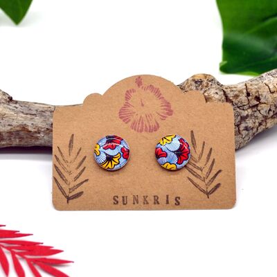 Small earrings in wood and resin with wax patterns, red yellow flowers, women's gift