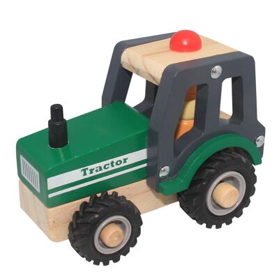 Tractor de madera con ruedas de goma.
