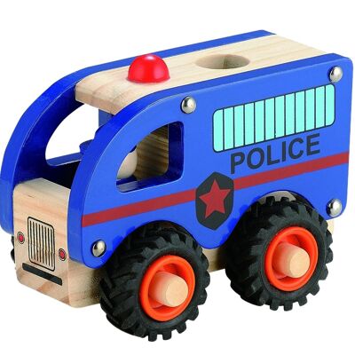 Coche de policía de madera con ruedas de goma.