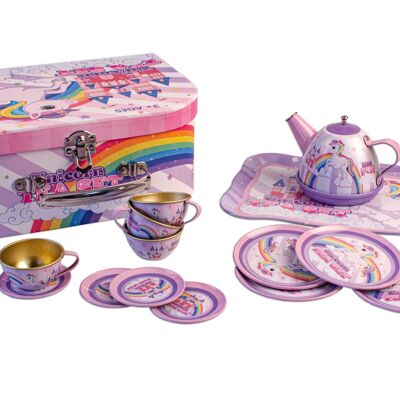 Tea set in suitcase w. unicorn motives