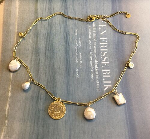 Stainless steel necklace with freshwater pearl charms and golden coin.