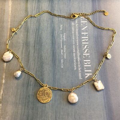 Stainless steel necklace with freshwater pearl charms and golden coin.