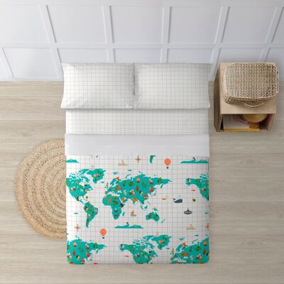 Blaue Weltkarte-Bettlaken-Set aus 100 % Baumwolle