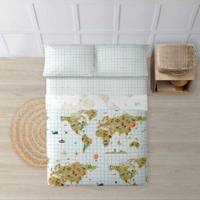 Beigefarbenes Weltkarten-Bettlaken-Set aus 100 % Baumwolle