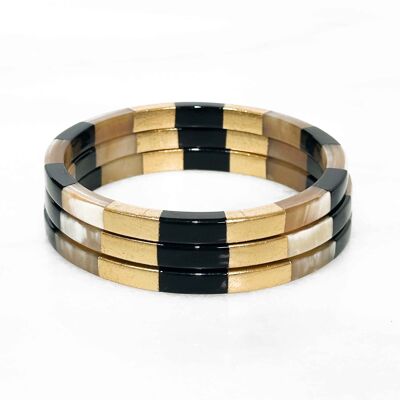 Bracelet carré en corne véritable - Noir et feuilles d'or