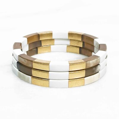 Square bracelet in real horn - White and gold leaves