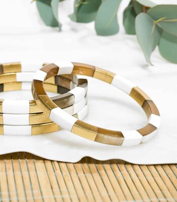 Bracelet carré en corne véritable - Blanc et feuilles d'or 2