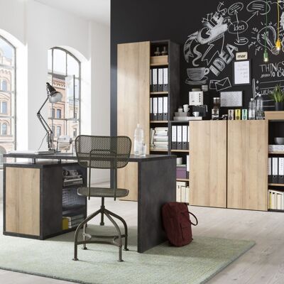 COMPOSAD | Ufficio Completo della Linea CORE, Set di 4 Mobili, Scrivania, Libreria, Mobile Contenitore, Mobili Ufficio, Colore Rovere e Grigio Tadao, Made in Italy