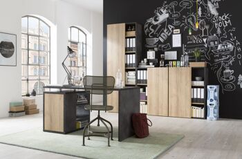 COMPOSADE | Bureau complet de la ligne CORE, ensemble de 4 meubles, bureau, bibliothèque, meuble de rangement, mobilier de bureau, chêne et gris Tadao, fabriqué en Italie