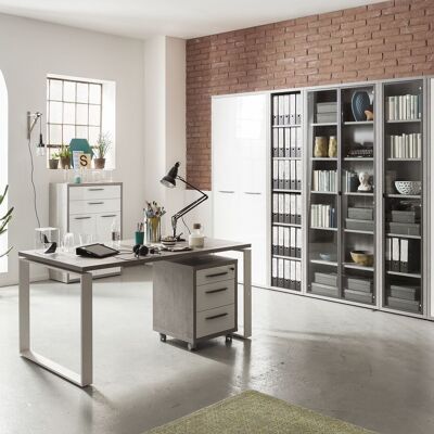 COMPOSAD | Complete Office from the DISEGNO Line, Set of 9 Furniture, Desk, Bookcase, Chest of Drawers, Showcase, Storage Unit, Office Furniture, Cement Color and Lacquered White, Made in Italy