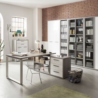 COMPOSAD | Complete Office from the DISEGNO Line, Set of 8 Furniture, Desk, Bookcase, Chest of Drawers, Showcase, Corner Desk, Office Furniture, Cement Color and Lacquered White, Made in Italy
