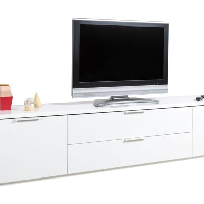 COMPOSAD | TV Stand from the MUNDI Line with 2 Doors and 2 Flaps, Floor Standing TV Stand, (WxHxD) 240x51x40.50 cm, Lacquered White Colour, Made in Italy