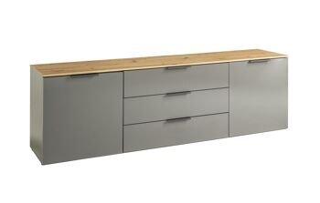 COMPOSADE | Meuble TV de la Ligne GALAVERNA avec 2 portes et 3 tiroirs, base polyvalente, moderne, salon, (LxHxP) 200x61x44.5 cm, Laqué Gris Titane, Chêne Miel, Fabriqué en Italie