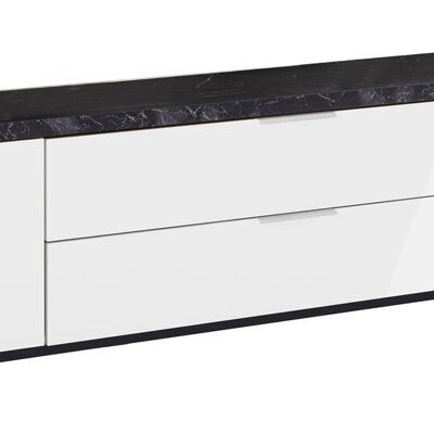 COMPOSAD | TV Stand from the MUNDI Line with 2 Doors and 2 Flaps, Floor Standing TV Stand, (WxHxD) 240x51x40.50 cm, Zebra Marble and Lacquered White Colour, Made in Italy