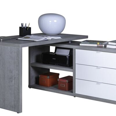 COMPOSADO | Escritorio esquinero con 3 cajones y 2 compartimentos, elegante escritorio de oficina, (AnxAlxPr) 152,80x74,20x149,40 cm, color gris cemento y lacado blanco