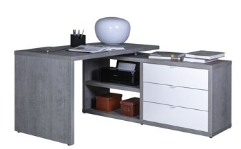 COMPOSADE | Bureau d'angle avec 3 tiroirs et 2 compartiments, bureau élégant, (LxHxP) 152,80x74,20x149,40 cm, coloris gris ciment et blanc laqué