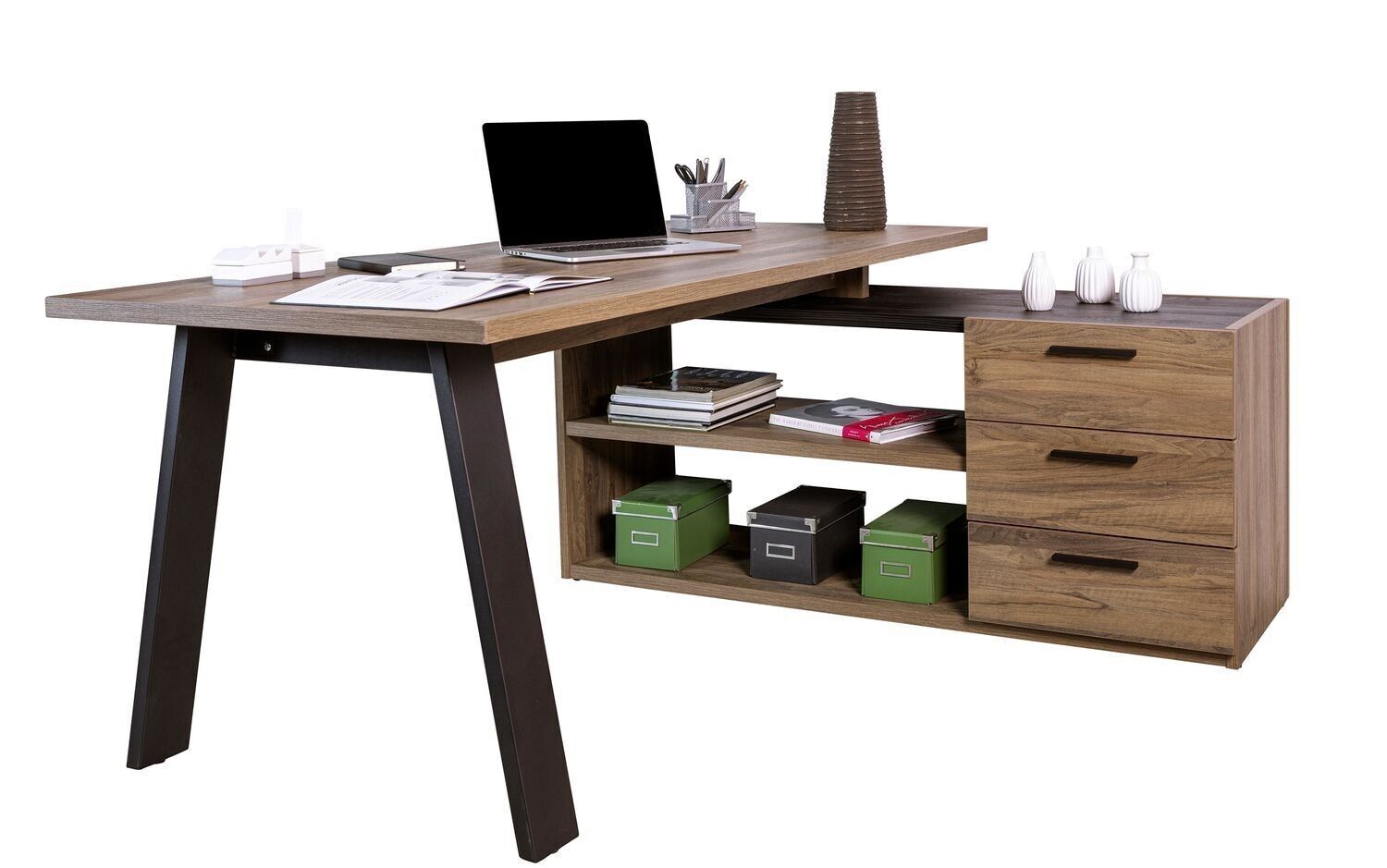 COMPOSAD | Scrivania della Linea DAVINCI con 3 Cassetti e 2 vani, Scrivania Angolare con Cassetti e Libreria, (LxAxP) 171,50x74,70x143,50 cm, Noce Brera e Nero Chalet, Made in Italy