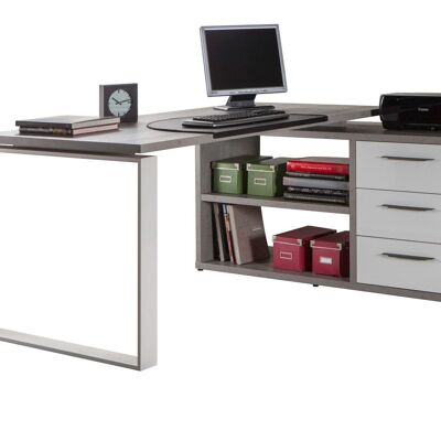 COMPOSAD | Desk from the DISEGNO Line with 3 Drawers and 2 Compartments, Corner Desk with Drawers and Bookcase, (WxHxD) 160x74,80x140 cm, Color Cement and Lacquered White, Made in Italy