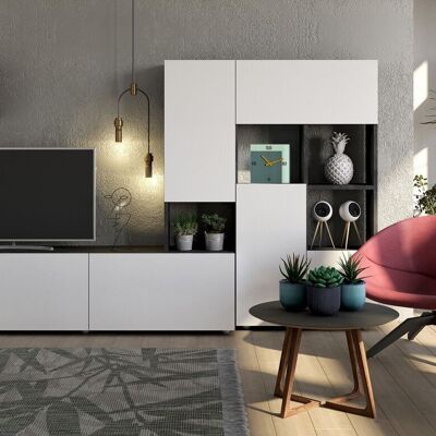 COMPOSAD | Komplettes Wohnzimmer aus der PARNASO-Linie, Set mit 2 Möbeln, ausgestatteter Wand, Set mit 3 Würfeln, Würfelregalen, lackiert in Weiß und Tadao-Grau, hergestellt in Italien